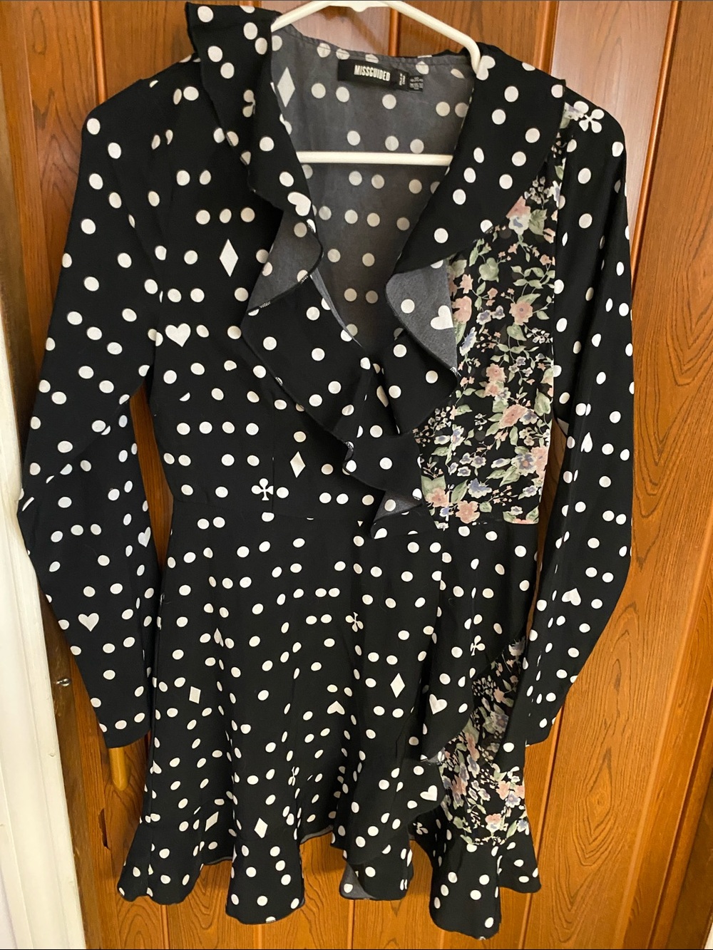 Vintage Missguided Black and White Polka Dot Wrap Dress with Floral Panel